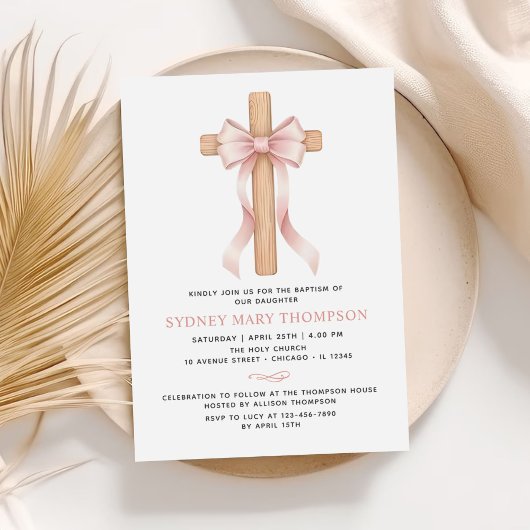 Invitation Girl's Christian Baptism Pink Bow