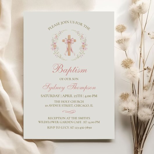 Invitation Girl's Christian Baptism Pink Floral Bow