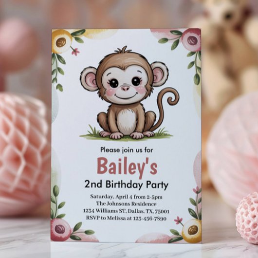 Invitation Girls Cute Monkey Jungle Birthday Party