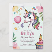 Invitation Girls Cute Pastel Unicorn Enfants 4e anniversaire (Devant)