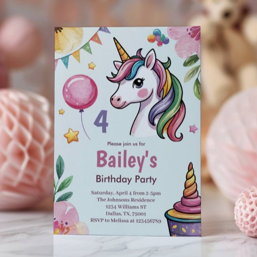 Invitation Girls Cute Pastel Unicorn Enfants 4e anniversaire