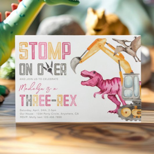 Invitation Girl's Dino Construction 3ème anniversaire Invitat