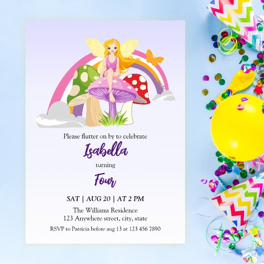 Invitation Girls Fairy Mushroom Rainbow Birthday 