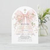 Invitation Girl's First Communion Pink Floral Bow Arched (Debout devant)