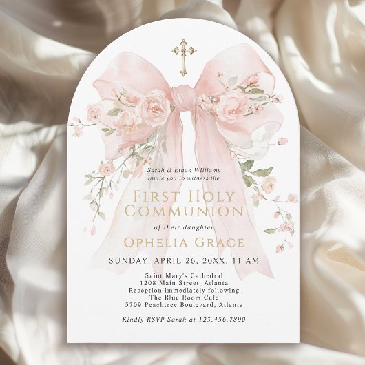 Invitation Girl's First Communion Pink Floral Bow Arched