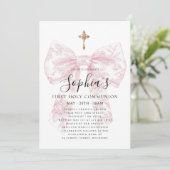 Invitation Girl's First Communion Pink Toile Bow Cross  (Debout devant)