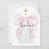Invitation Girl's First Communion Pink Toile Bow Cross Arch (Devant)
