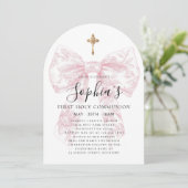 Invitation Girl's First Communion Pink Toile Bow Cross Arch (Debout devant)