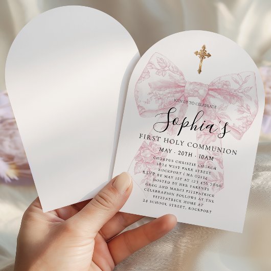 Invitation Girl's First Communion Pink Toile Bow Cross Arch