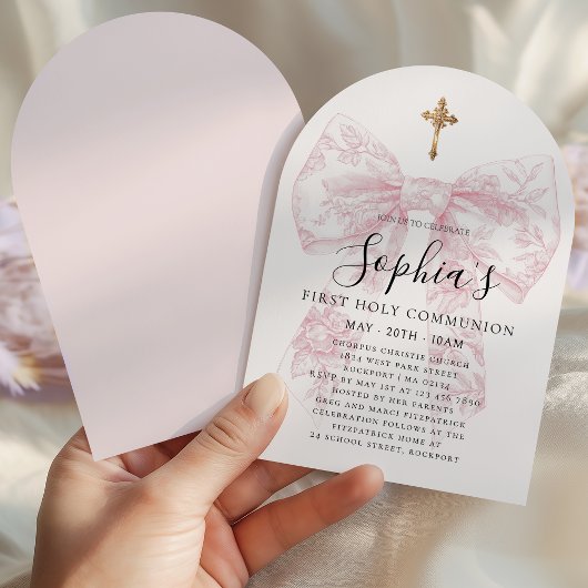 Invitation Girl's First Communion Pink Toile Bow Cross Arch