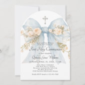 Invitation Girl's First Holy Communion Dusty Blue Floral Bow (Devant)