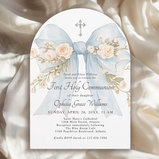 Invitation Girl's First Holy Communion Dusty Blue Floral Bow