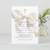 Invitation Girl's First Holy Communion Elegant Ivory Bow (Debout devant)