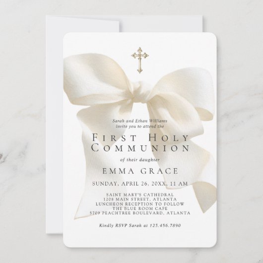 Invitation Girl's First Holy Communion Elegant Ivory Bow (Devant)