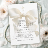Invitation Girl's First Holy Communion Elegant Ivory Bow