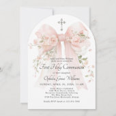 Invitation Girl's First Holy Communion Pink Floral Bow (Devant)