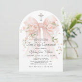Invitation Girl's First Holy Communion Pink Floral Bow (Debout devant)