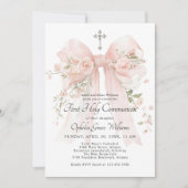 Invitation Girl's First Holy Communion Pink Floral Bow (Devant)