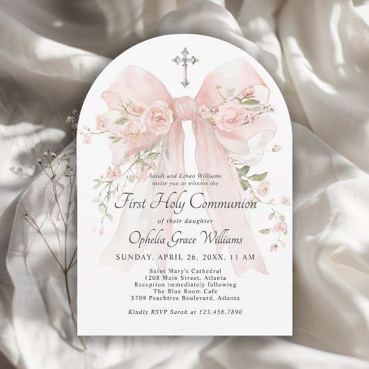 Invitation Girl's First Holy Communion Pink Floral Bow