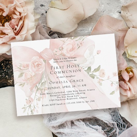 Invitation Girl's First Holy Communion Pink Floral Bow