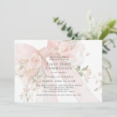 Invitation Girl's First Holy Communion Pink Floral Bow (Debout devant)