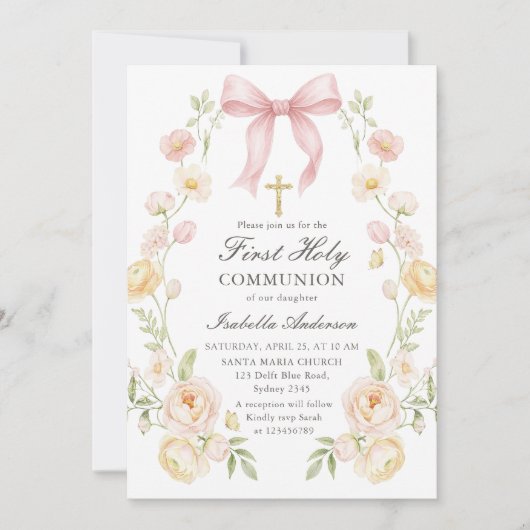 Invitation Girl's First Holy Communion Pink Floral Bow (Devant)