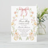 Invitation Girl's First Holy Communion Pink Floral Bow (Debout devant)
