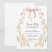 Invitation Girl's First Holy Communion Pink Floral Bow (Devant / Derrière)
