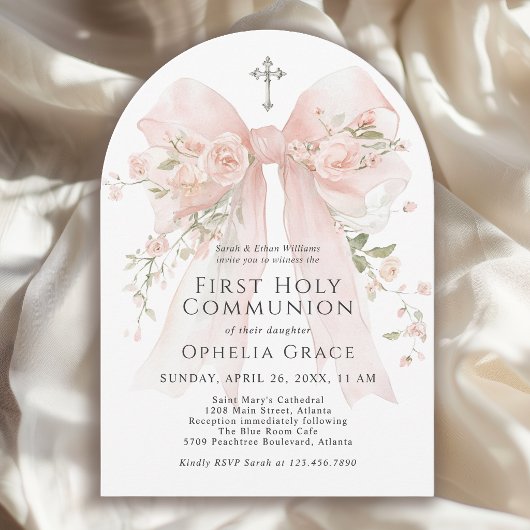 Invitation Girl's First Holy Communion Pink Floral Bow Arched