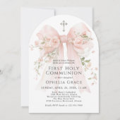 Invitation Girl's First Holy Communion Pink Floral Bow Arched (Devant)