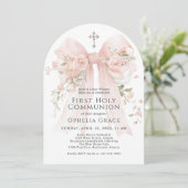 Invitation Girl's First Holy Communion Pink Floral Bow Arched (Debout devant)