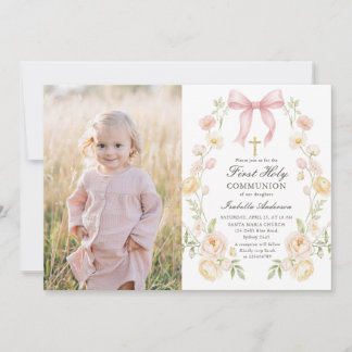 Invitation Girl's First Holy Communion Pink Floral Bow Photo