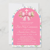 Invitation Girl's First Holy Communion Pink Wildflower Bow (Devant)