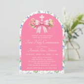 Invitation Girl's First Holy Communion Pink Wildflower Bow (Debout devant)