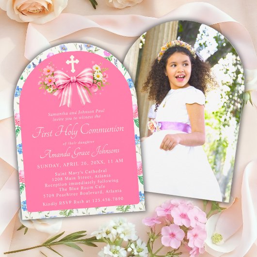 Invitation Girl's First Holy Communion Pink Wildflower Bow