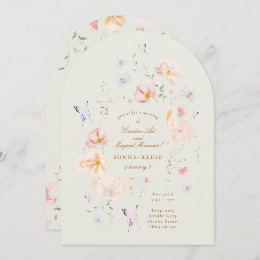 Invitation Girls Floral Teddy Bear Sage Arch Birthday Party (Devant / Derrière)