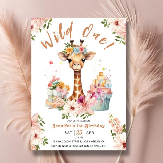 Invitation Girls Giraffe 1er anniversaire Pink Safari