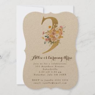 Invitation Girls Gold Floral 3e anniversaire Numéro 3 Partie
