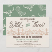 Invitation Girls Green Rodeo Wild et trois 3e anniversaire (Devant / Derrière)