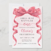 Invitation Girls Just Wanna Be One Pink Bow 1st Birthday (Devant)