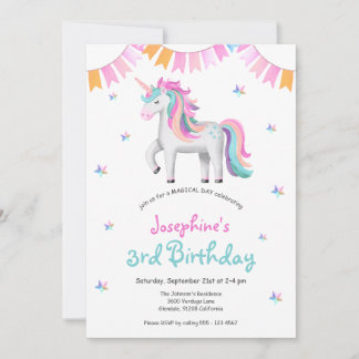 Invitation Girls Magical Unicorn 3e fête d'anniversaire