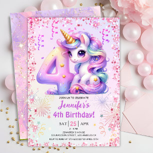 Invitation Girls Magical Unicorn 4e fête d'anniversaire