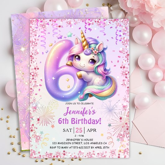 Invitation Girls Magical Unicorn 6e fête d'anniversaire
