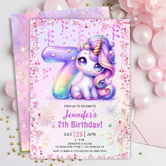 Invitation Girls Magical Unicorn 7e fête d'anniversaire