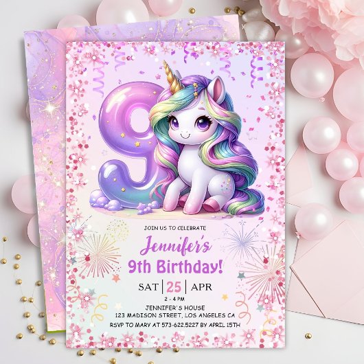 Invitation Girls Magical Unicorn 9e fête d'anniversaire