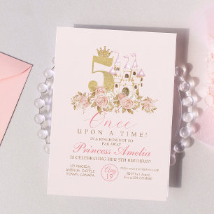 Invitation Girls mignonne Pink Gold Castle Enfants 5e anniver