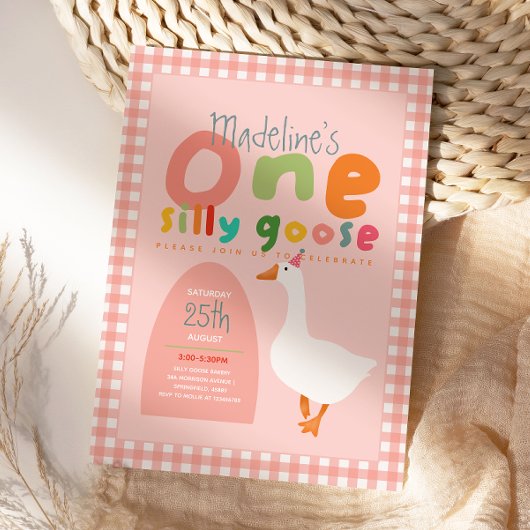 Invitation Girls One Silly Goose Pink Gingham First Birthday