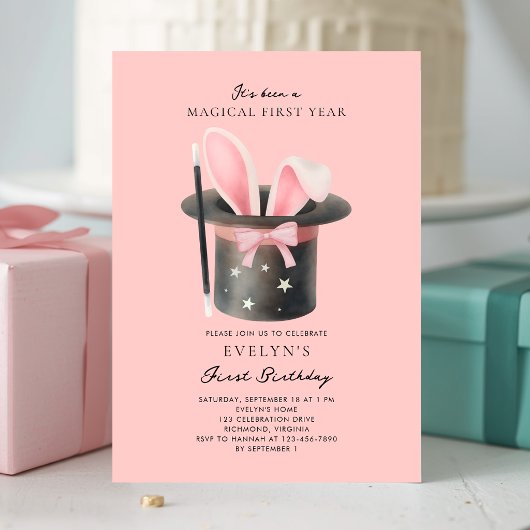 Invitation Girls Pink Bow Magical 1st Birthday