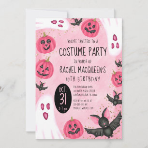 Invitation Girl's Pink Ghost Bat Costume Halloween Birthday