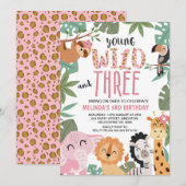 Invitation Girls Pink Green Young Wild Three 3rd Birthday (Devant / Derrière)